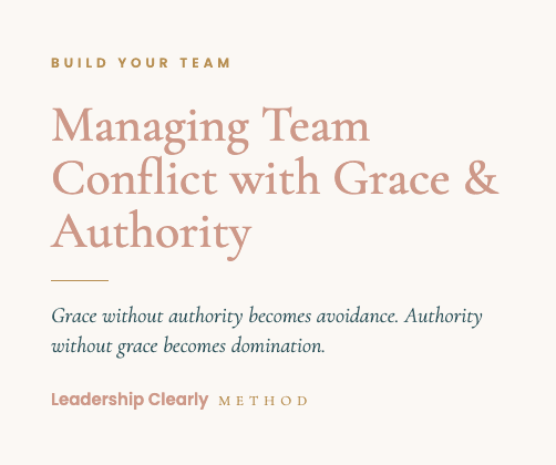 Leadership Clearly Method graphic titled Managing Team Conflict with Grace and Authority with the tagline Grace without authority becomes avoidance, authority without grace becomes domination